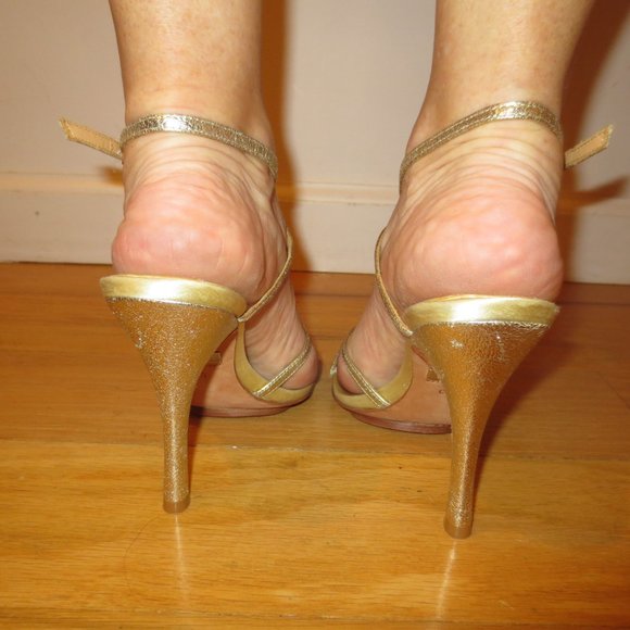 LAST CHANCE BADGLEY MISCHKA Gold Ankle T Strap High Heel Sandals - Picture 4 of 10